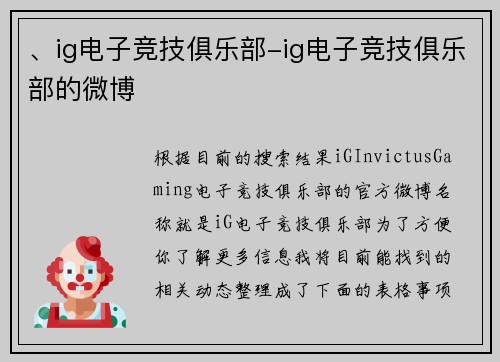 、ig电子竞技俱乐部-ig电子竞技俱乐部的微博